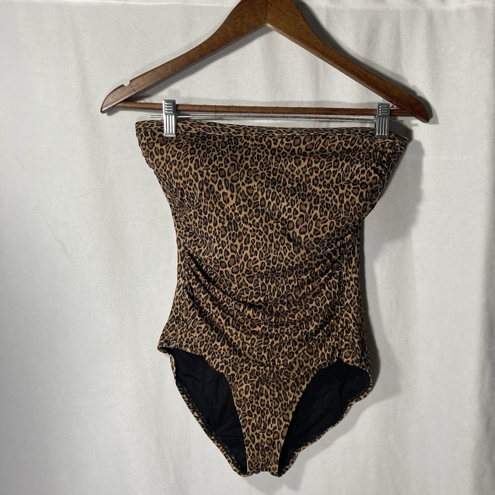 TOMMY BAHAMA tan brown black strapless ruched one piece swim suit 6