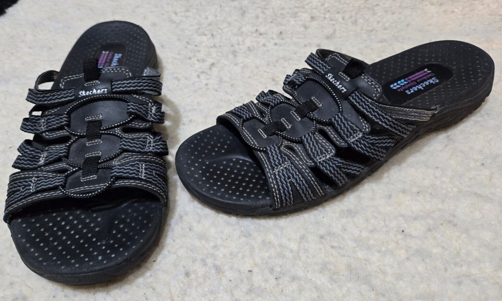 Skechers 40873 Reggae Repetition Sandals Slides Black Slip On Women's Size 10
