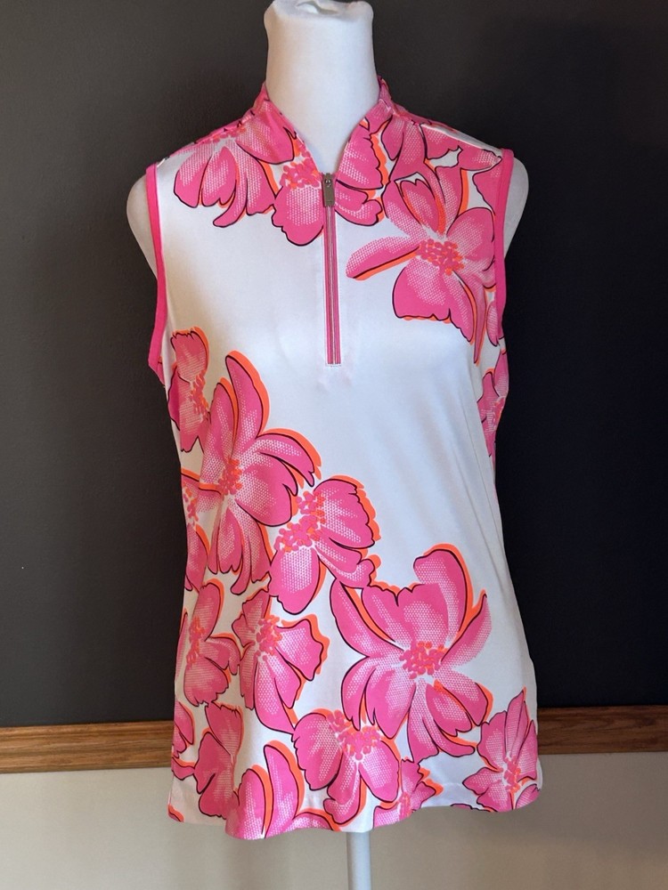 Tail Activewear Women's Sleeveless Golf Top Pink White Floral Size Small 1/4 Zip