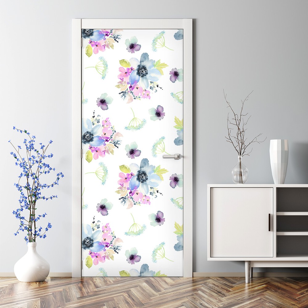 Watercolour Purple Flowers Bubble Free Light Watercolour Design Door Decal