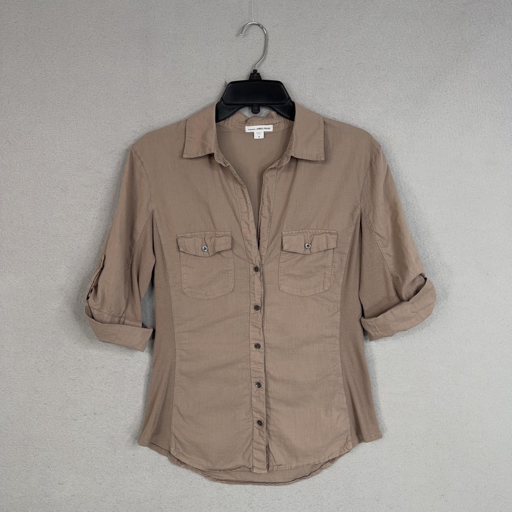 James Perse Shirt Womens 4 Beige Cotton Ribbed Surplus Roll Tab Sleeve Utility