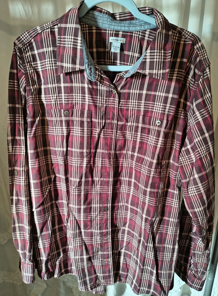 Carhartt Women's Plaid Button-Up Shirt Burgundy White Cotton XL