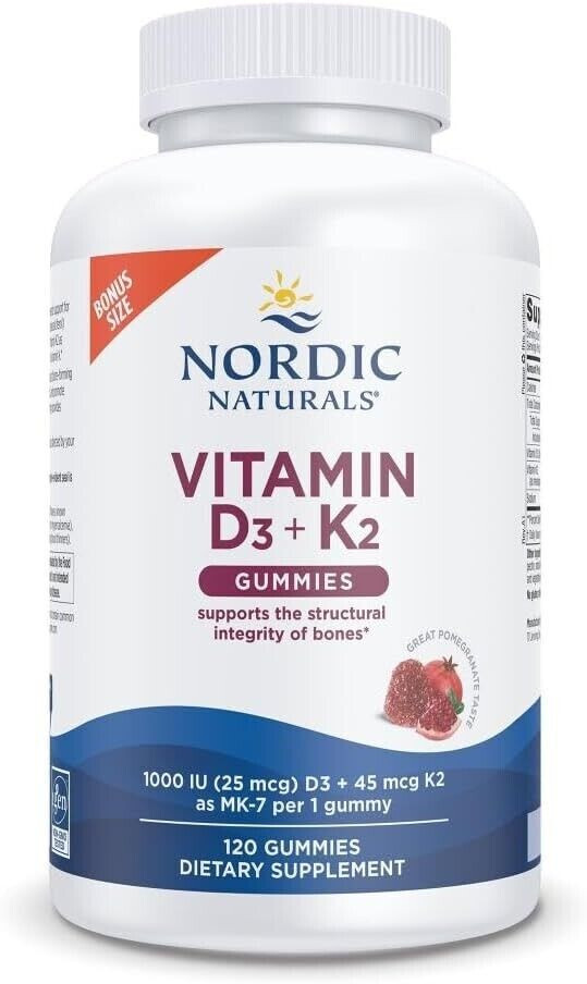 Nordic Naturals Vitamin D3 + K2 Gummies, Pomegranate -120 Gummies, 09/25/2026