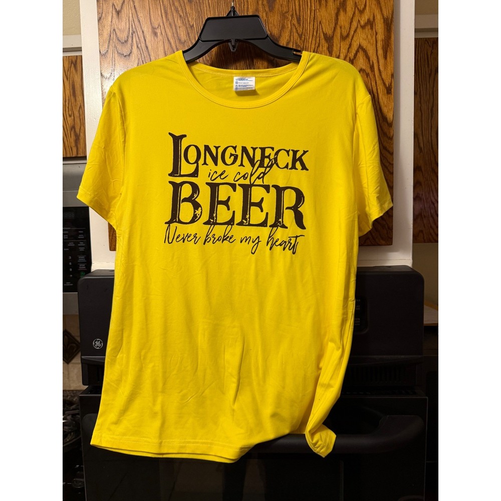 Longneck Ice Cold Beer Never Broke My Heart Graphic Tee Yellow Size L