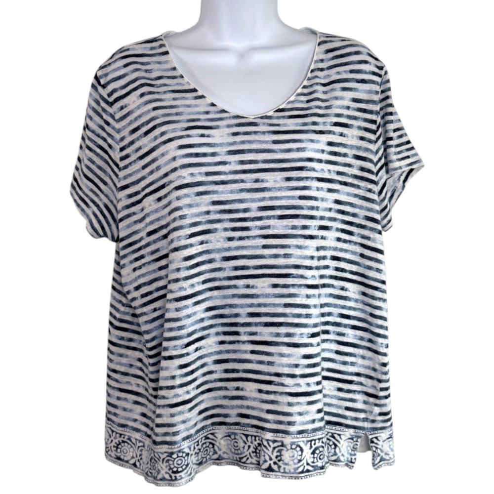 J Jill Love Linen Womens Relaxed Striped Top Sz XL Coastal Resort Vacation