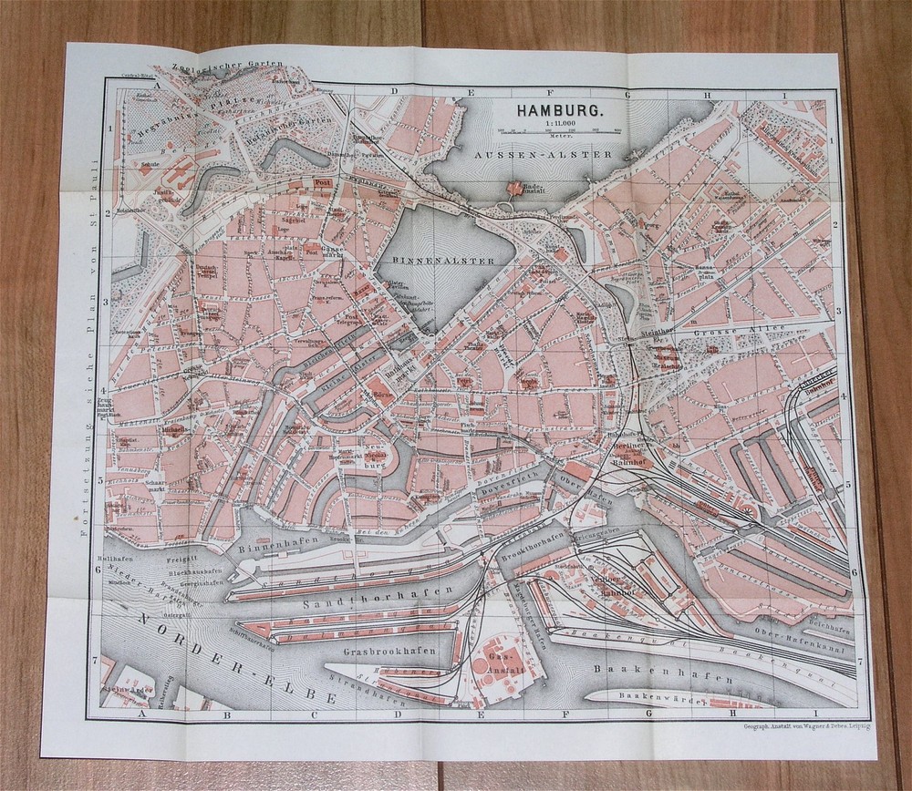 1886 Original Antique Map Of Hamburg / Germany