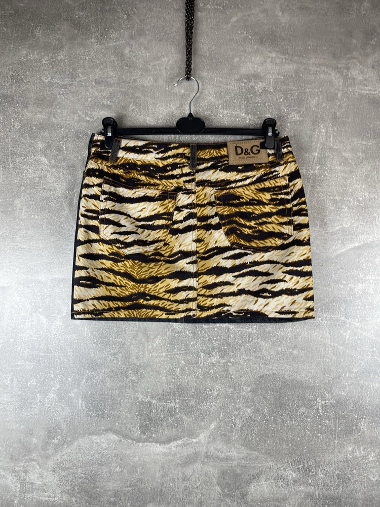 Vintage Dolce Gabbana Tiger Print Denim Mini Skirt Brown Black Size 44 Made IT