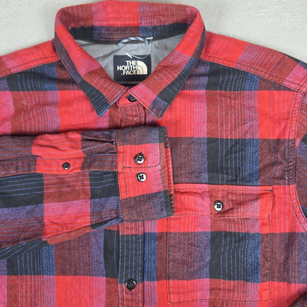 The North Face Men Large Red Black Plaid Flannel Button Up Shirt Cotton Outdoor
