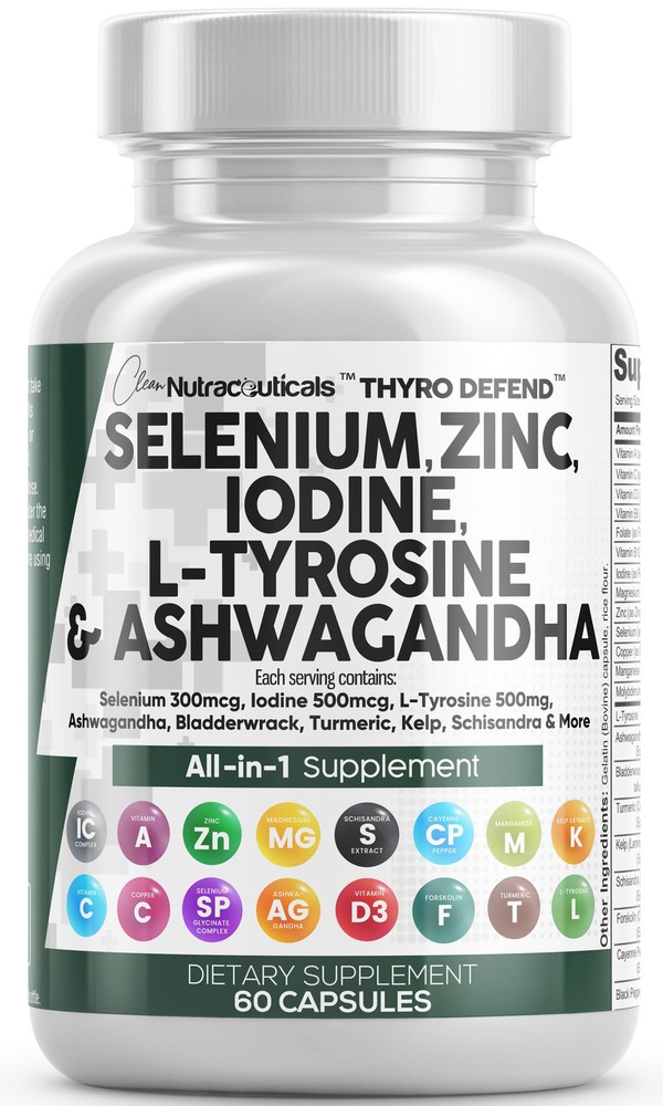 Selenium 300mcg Zinc 50mg Iodine 500mcg L Tyrosine 500mg Ashwagandha - Thyroi...