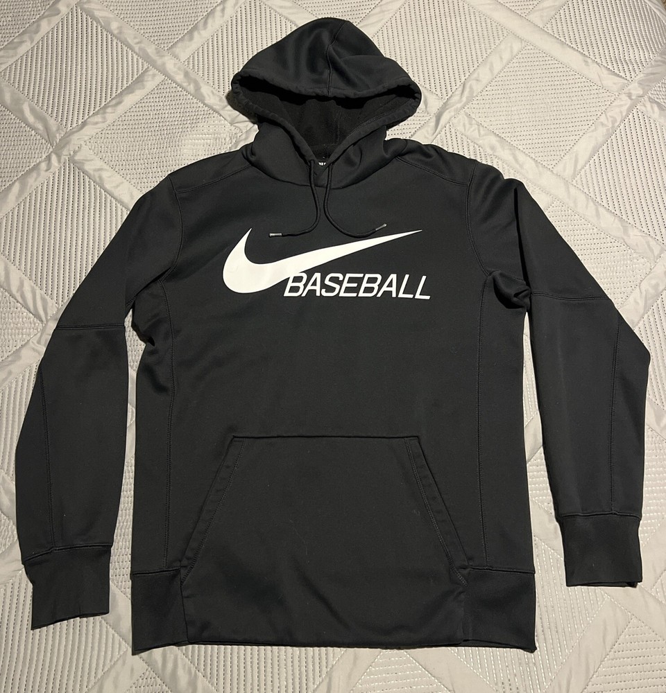 Nike Baseball Hoodie Sweatshirt Mens M Black Dri Fit Big Logo Center Swoosh