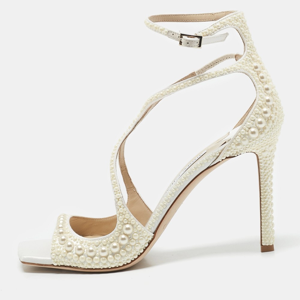 Jimmy Choo White Azia Sandals with Pearl Embellishments Size 39