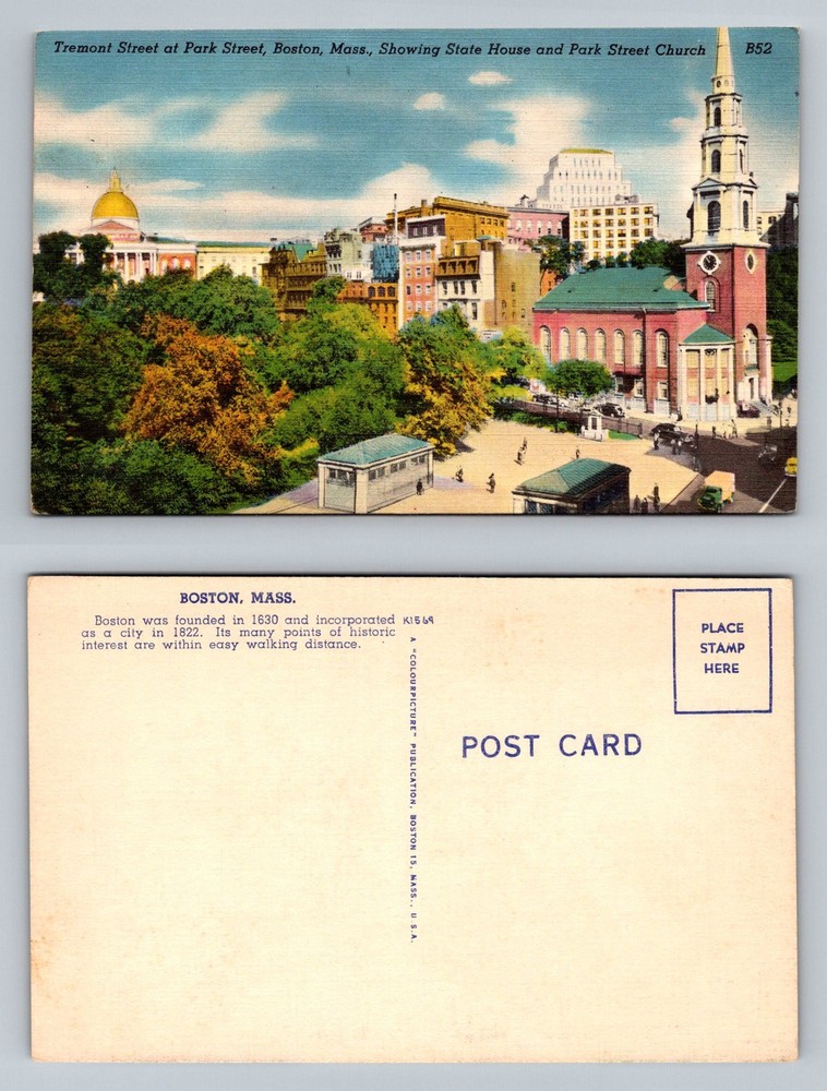 Boston, MA-Massachusetts, State House Dome & Park Street Church Vintage Postcard