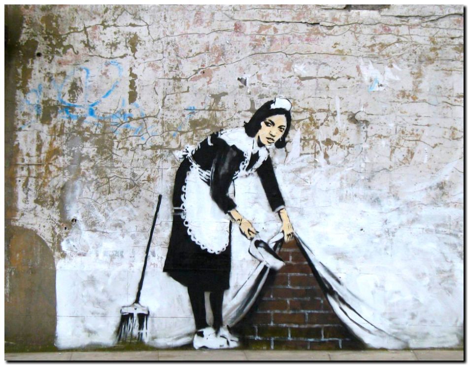 BANKSY STREET ART *FRAMED* CANVAS PRINT Maid sweeping keep it spotless 18x12