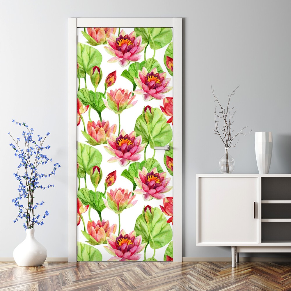 Lotus flower bubble-free self-adhesive door decal with leaves decor