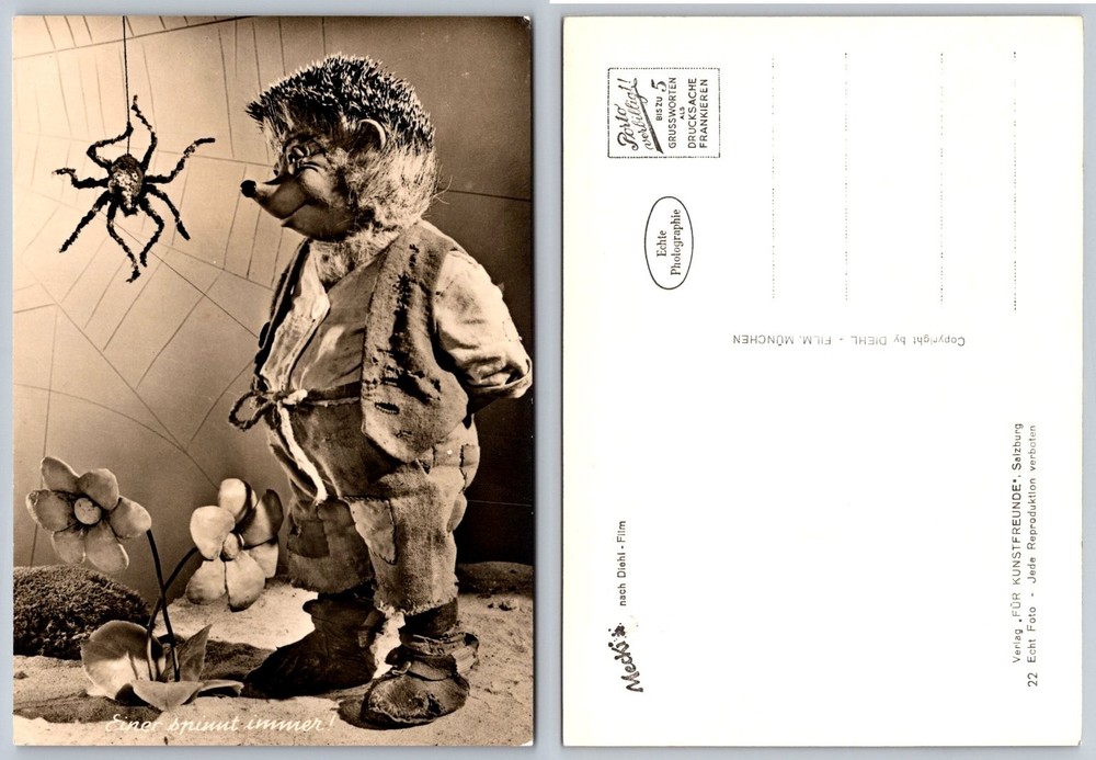 Mecki Hedgehog Puppet & Spider Real Photo Postcard - 