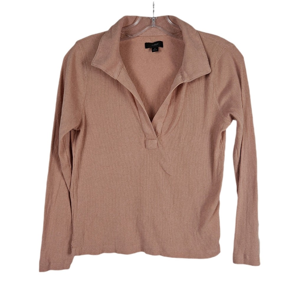 J Crew Blush Shirt Long Sleeve Ribbed Polo V Neck Fitted Womens Medium