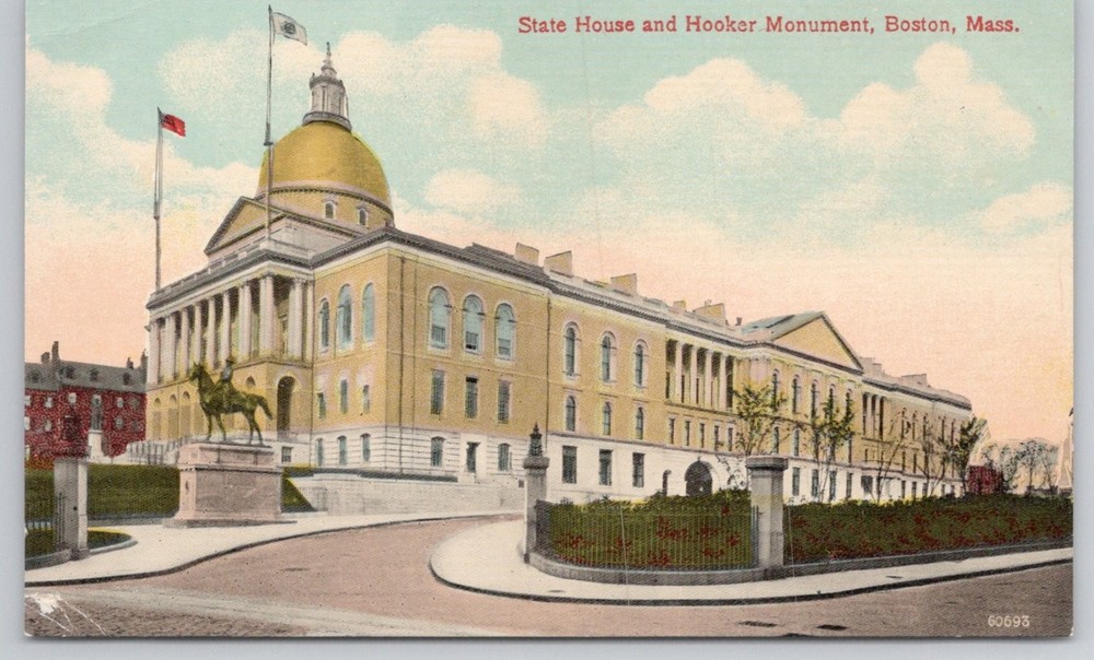Boston State House & Hooker Monument MA Vintage Postcard PGC