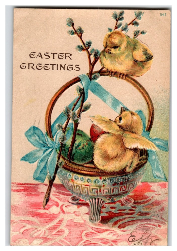 Antique Embossed Easter Greetings Chicks Pussy Willows Postcard 1907