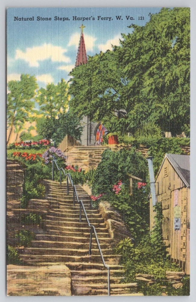 Natural Stone Steps Catholic Church Harper's Ferry WV Linen Postcard Tichnor