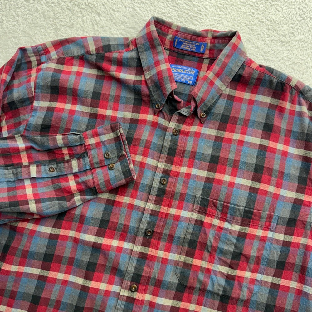 Pendleton Canterbury Cloth Mens XL Plaid Pima Cotton Merino Wool Shirt Red Blue