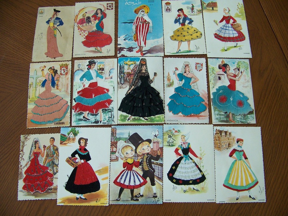 Silk Embroidery Ladies Dress Postcard Lot 15 Total Some RARE