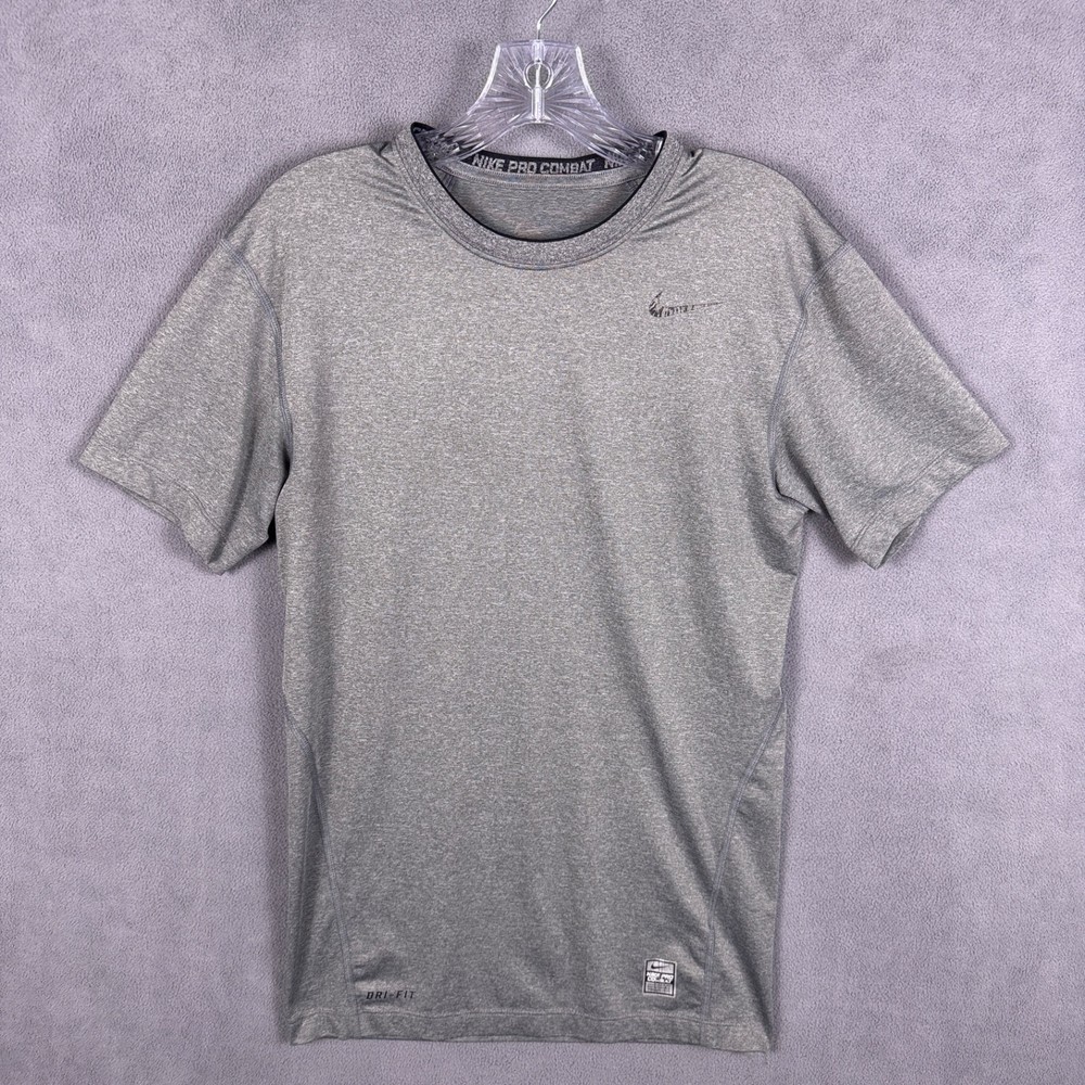 Nike Pro Combat Shirt Mens L Gray Heathered Short Sleeve Fitted Activewear