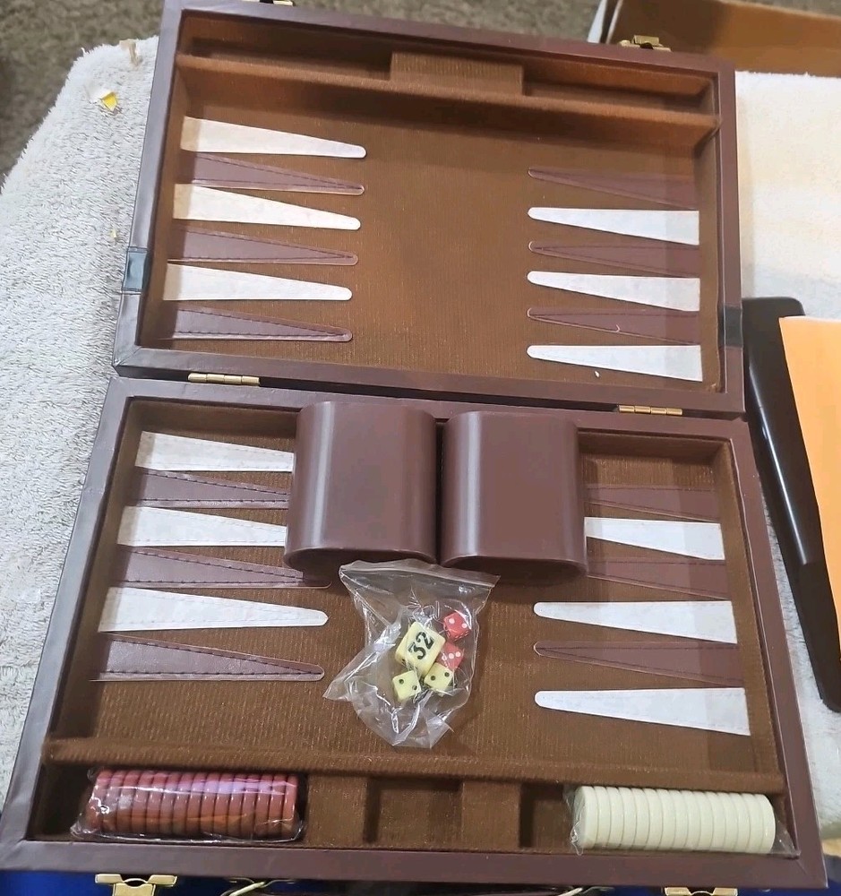 Travel Backgammon Set in Brown Faux Leather Case Complete