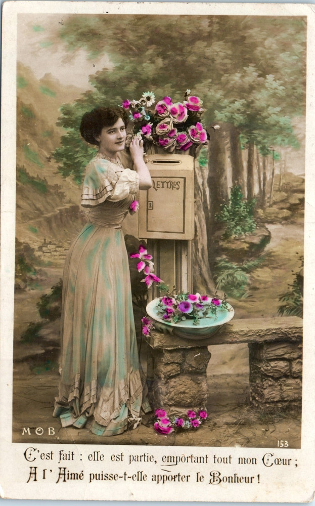Vintage Postcard 1910s French Woman Garden Letters Romance Hand Tinted Scene