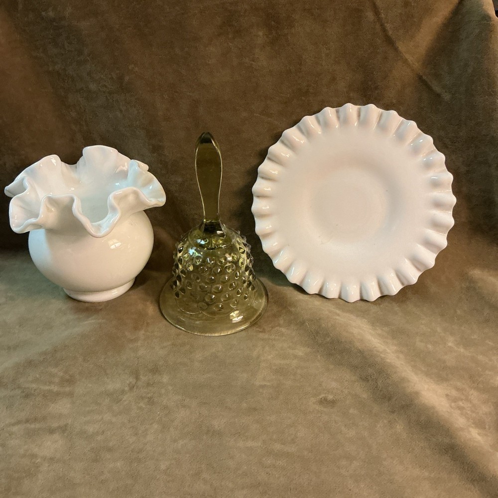 Vintage Fenton art glass hobnail and plane three-piece light green and white
