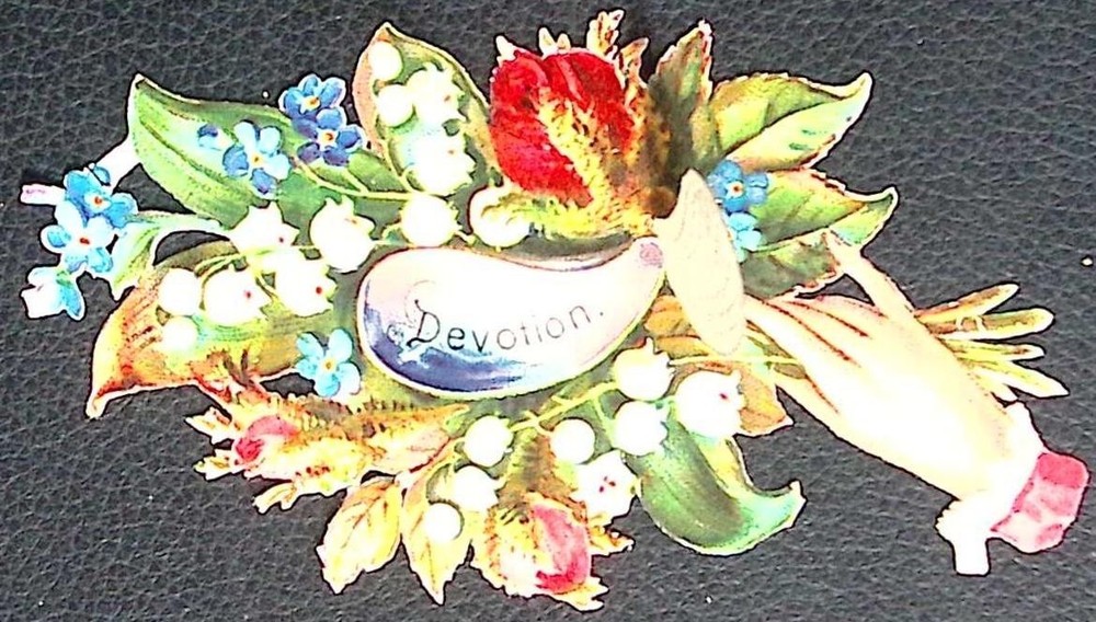 Victorian Die Cut Scrap Hand Holding Flowers Devotion Cornucopia Antique