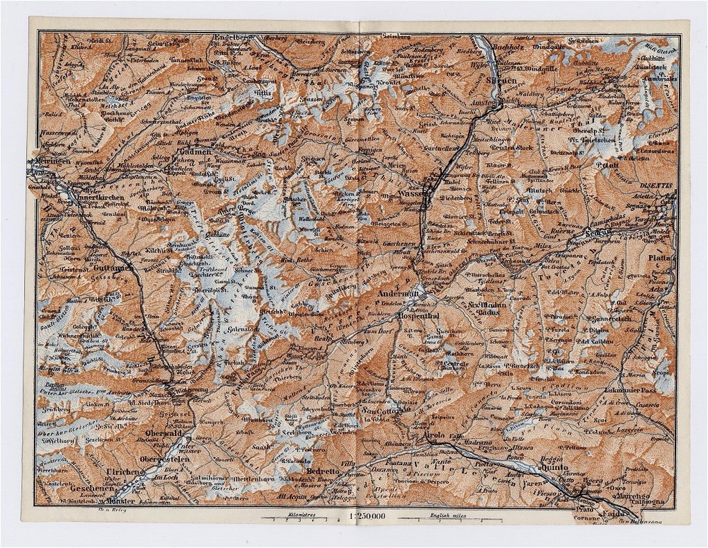 1911 Map Of Vicinity Of Andermatt Wassen Airolo Lepontine Alps Switzerland