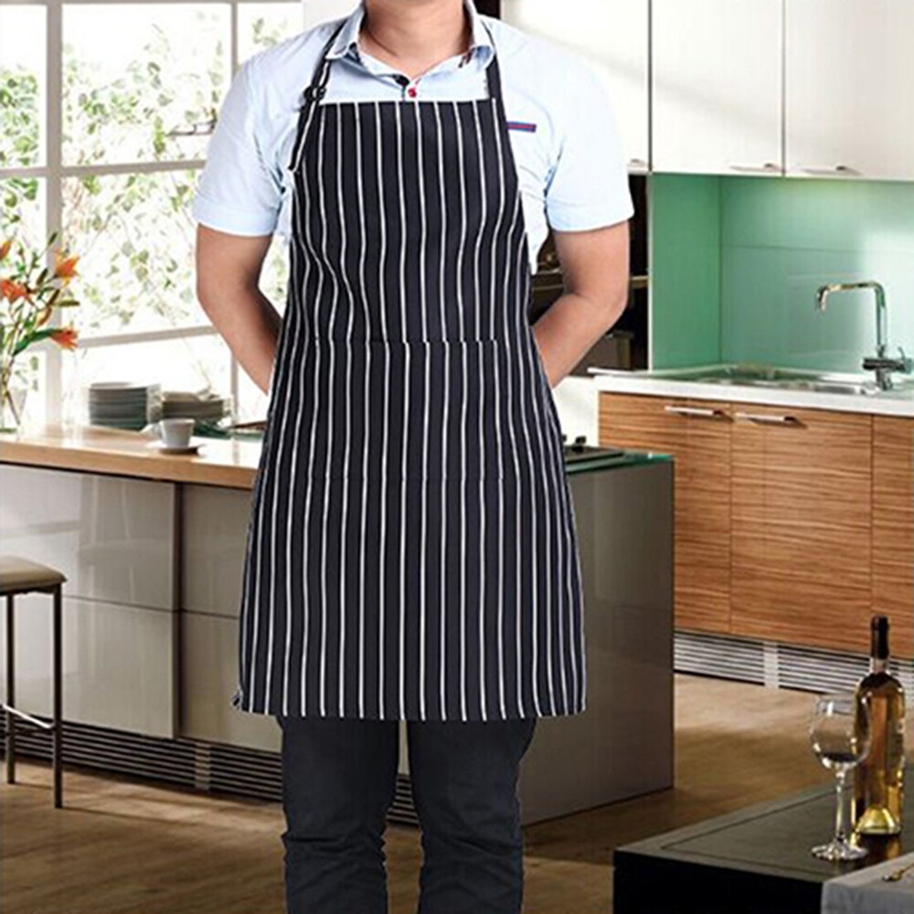 Adjustable Adult Black Stripe Bib Apron With 2 Pockets Chef Waiter Kitchen Cook