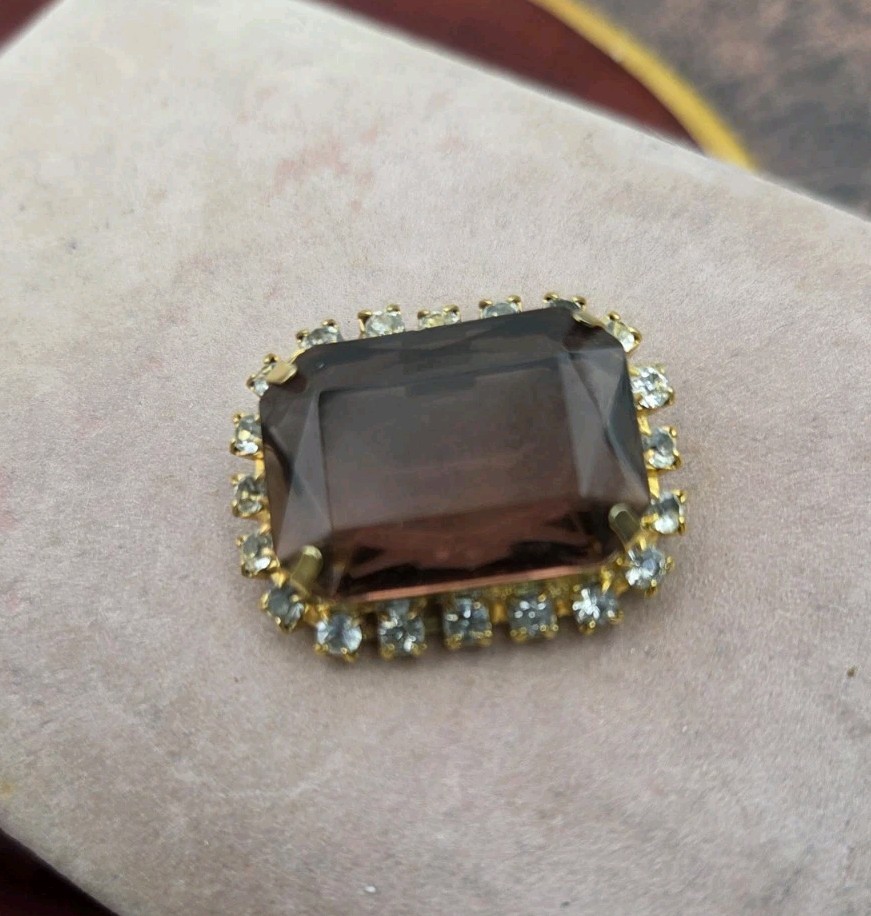 LG Vintage Brooch Pin Faceted Purple Glass & Rhinestone Rectangular