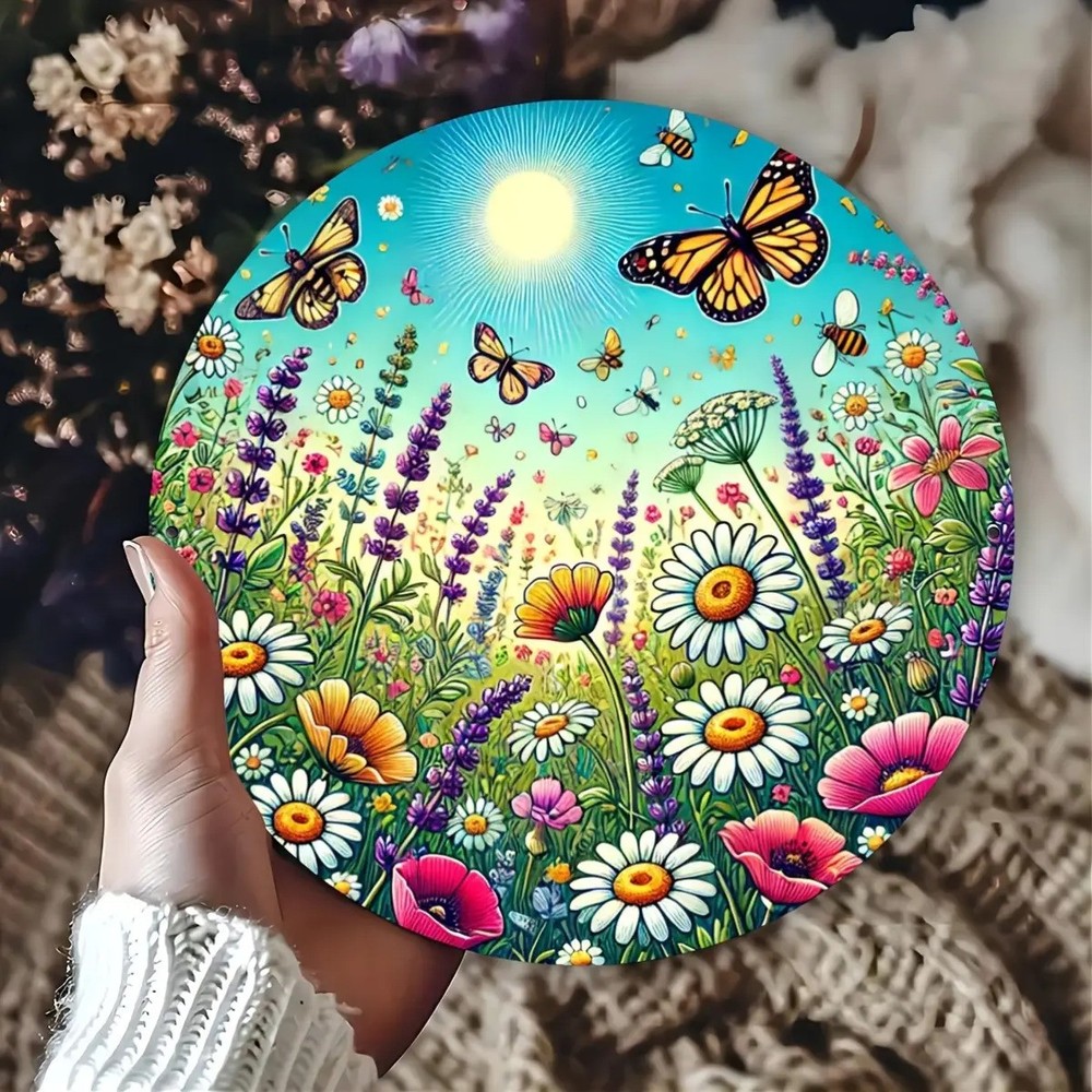 7.87inch Vibrant Wildflower Meadow Sunlight Round Aluminum Wall Art Waterproof