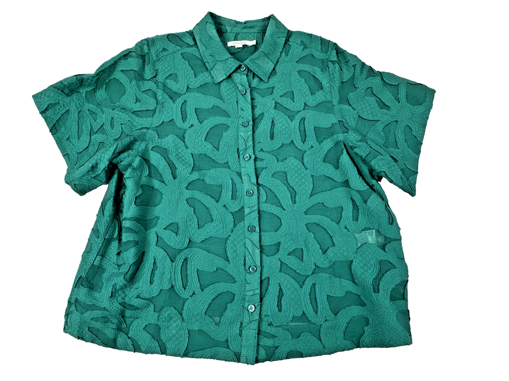 Chico's Burnout Button Up Sheer Green Floral Blouse. Women's Size 12