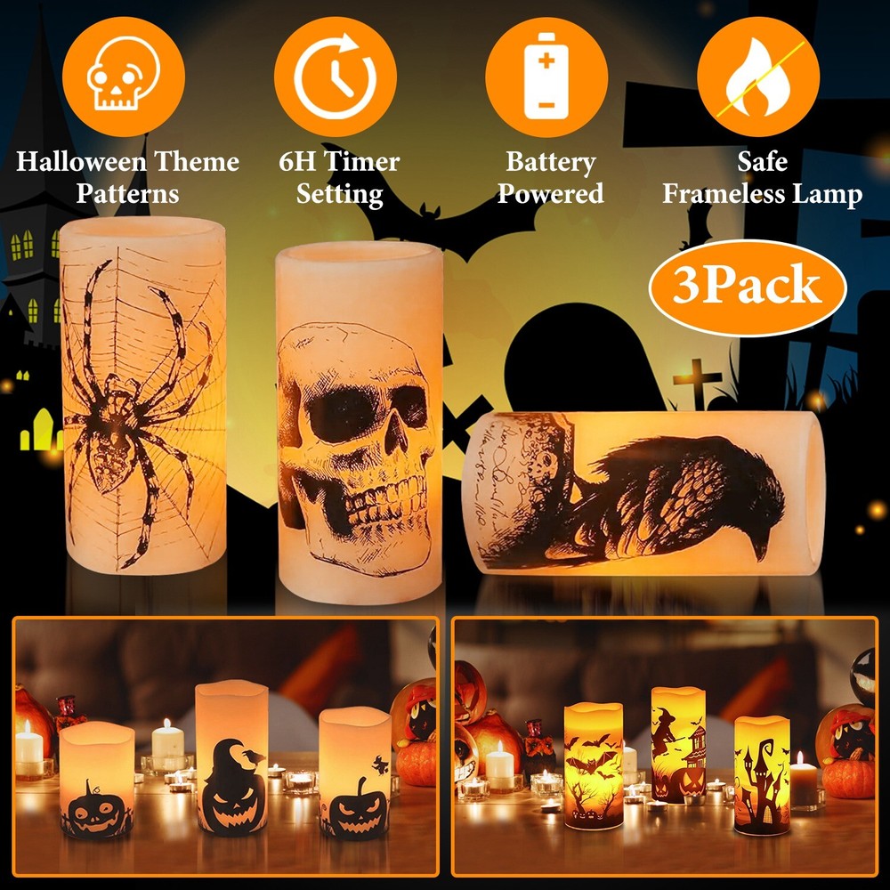 3 Pack Flameless Halloween Candles with Timer Battery-Operated LED Lamp