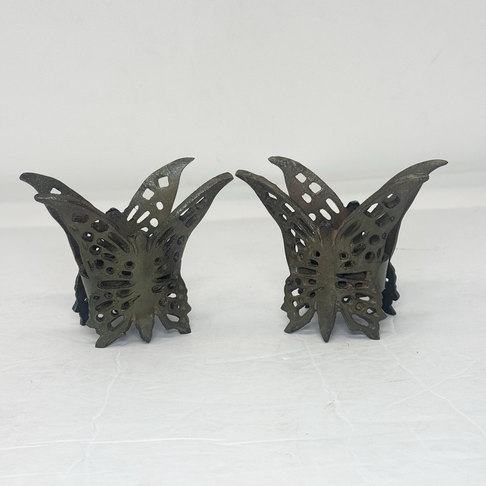 Vintage Brass Butterfly Votive Candle Holders Pair Pierced Openwork Tealight