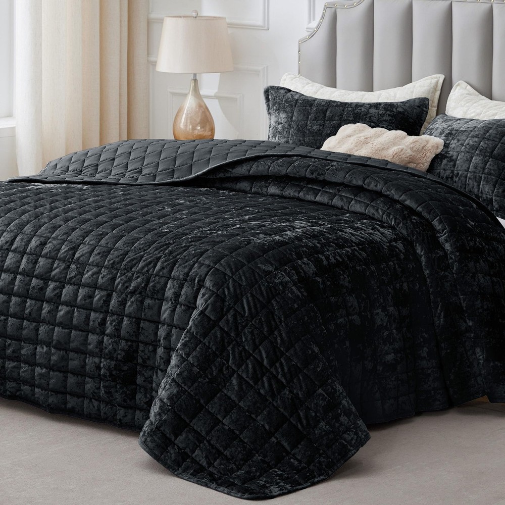 Velvet Quilt Set King Size - Luxury Velvet Comforter Bedding Set 3 Pieces, So...