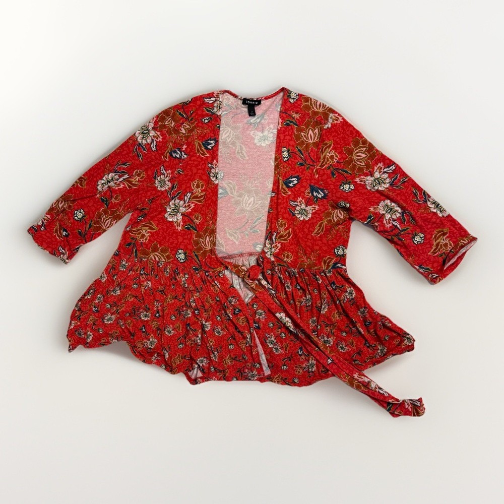 Torrid Red Floral Knit Babydoll Jacket Size 2 Self-Tie 3/4 Sleeve