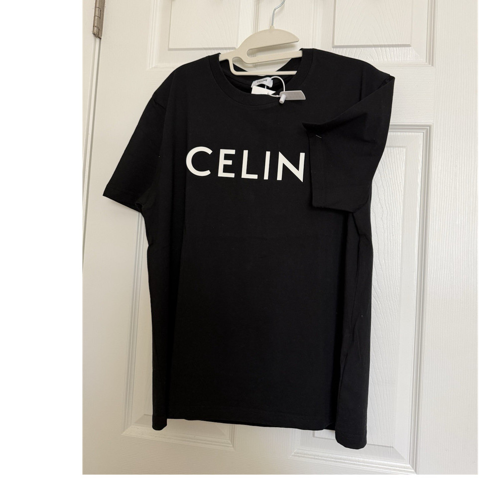 CELINE Paris Logo Black Crew Neck Short Sleeve T-Shirt Size L
