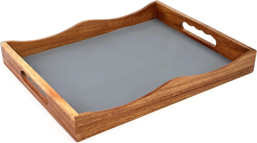 Acacia Wood Serving Tray with Waterproof Gray Silicone Mat for Ottoman or Coffee Table-image
