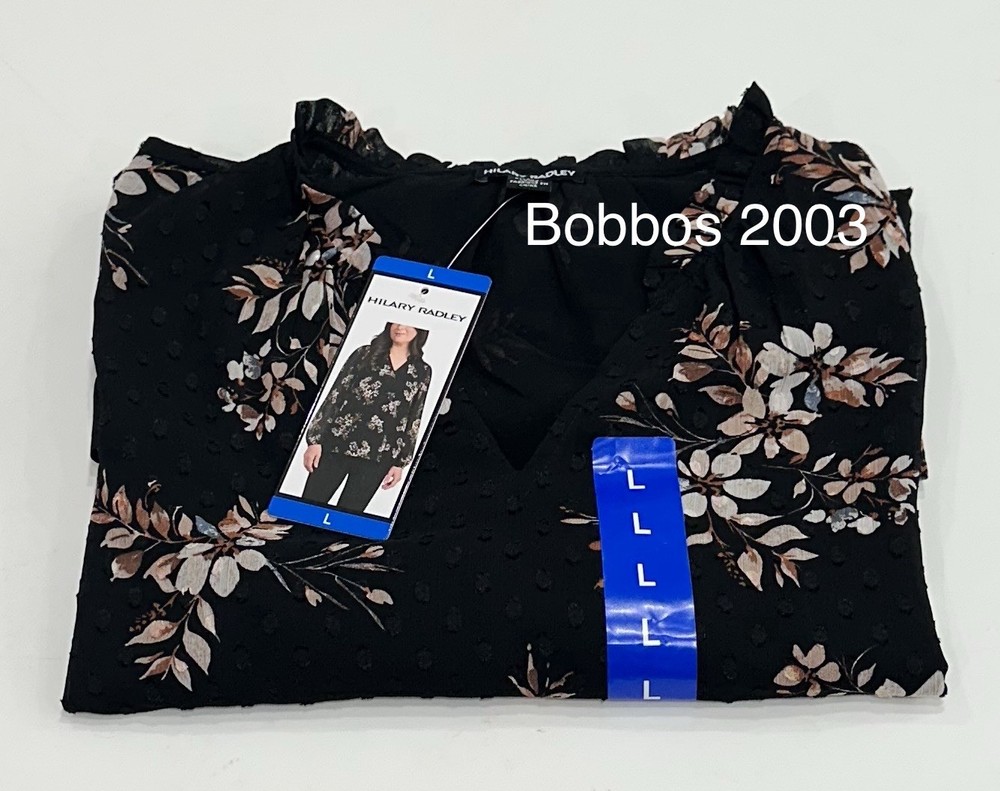 Hilary Radley Women's V-Neck Long Sleeve Blouse, Black Combo, Size L
