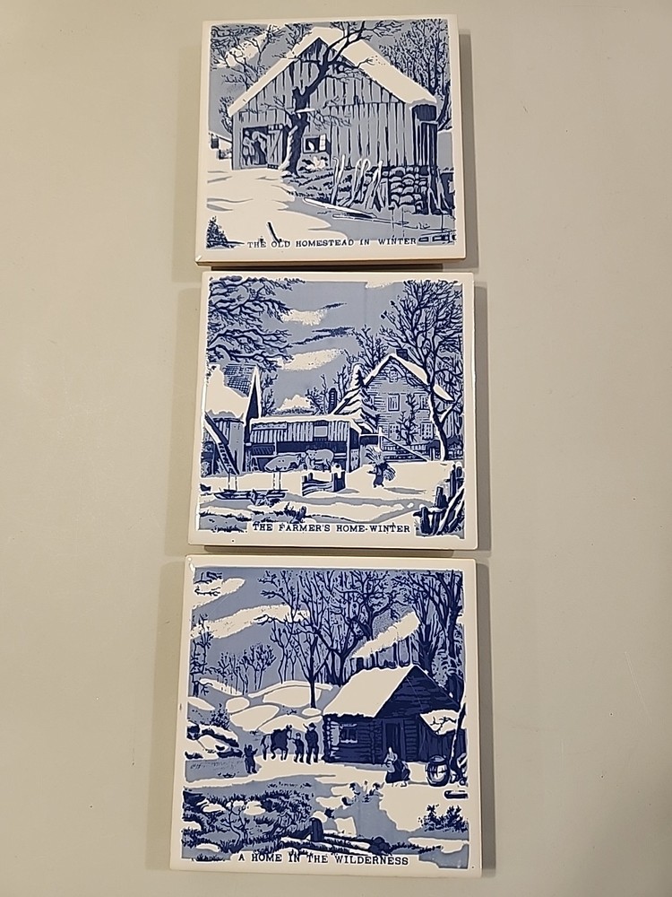 Set of 3, Currier & Ives tiles, trivet, 4.25