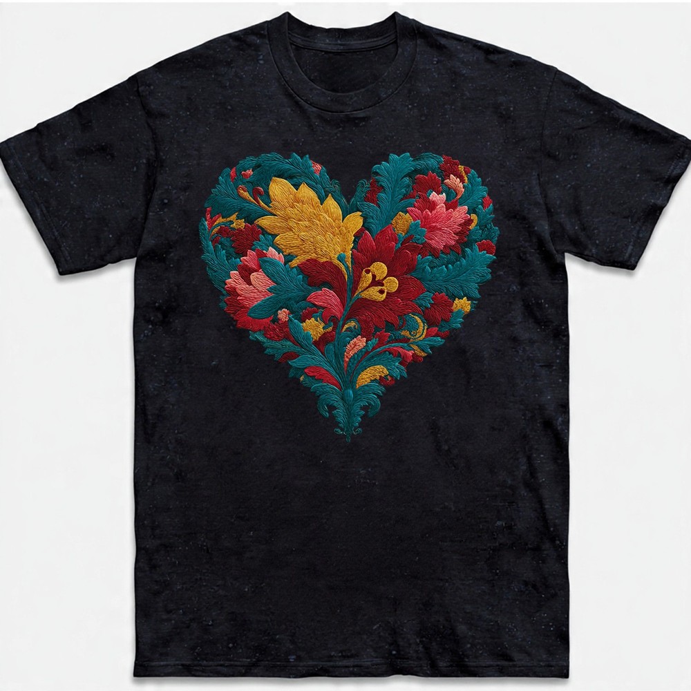 Floral Heart Faux Embroidery Style Retro Vintage Folk Art Women Gift Tee