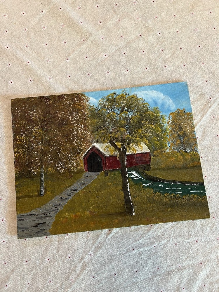 Vintage Landscape Red Barn Original Oil Painting Unframed Unsigned 9x12