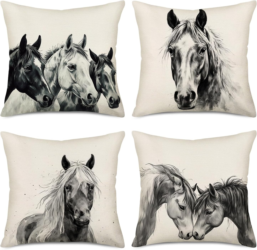 Set of 4 Vintage Black & White Western Horse Throw Pillow Covers