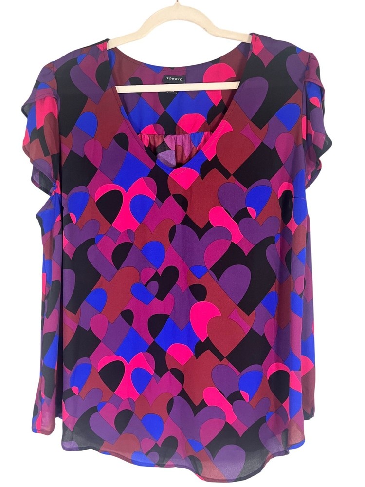 Colorful Heart Tunic Top 2X Artsy Tropical Resort Preppy Retro Mod Sheer Chic