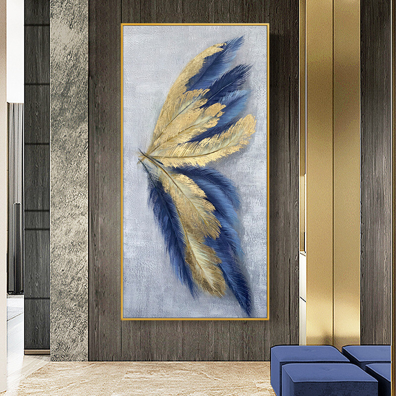 Feather Wall Art Oil Painting On Canvas Hand Painted Modern Artwork Blue Wall