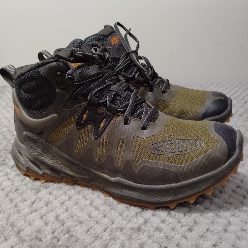 KEEN Mens Zionic Mid Waterproof Hiking Boots Dark Olive Scarlet Ibis Size 8M