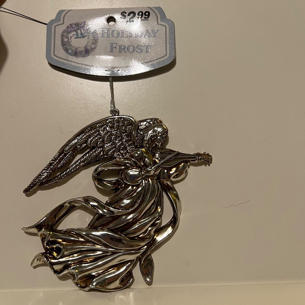 Vintage Silver tone Angel Christmas Ornament Plastic Playing Violin/lute